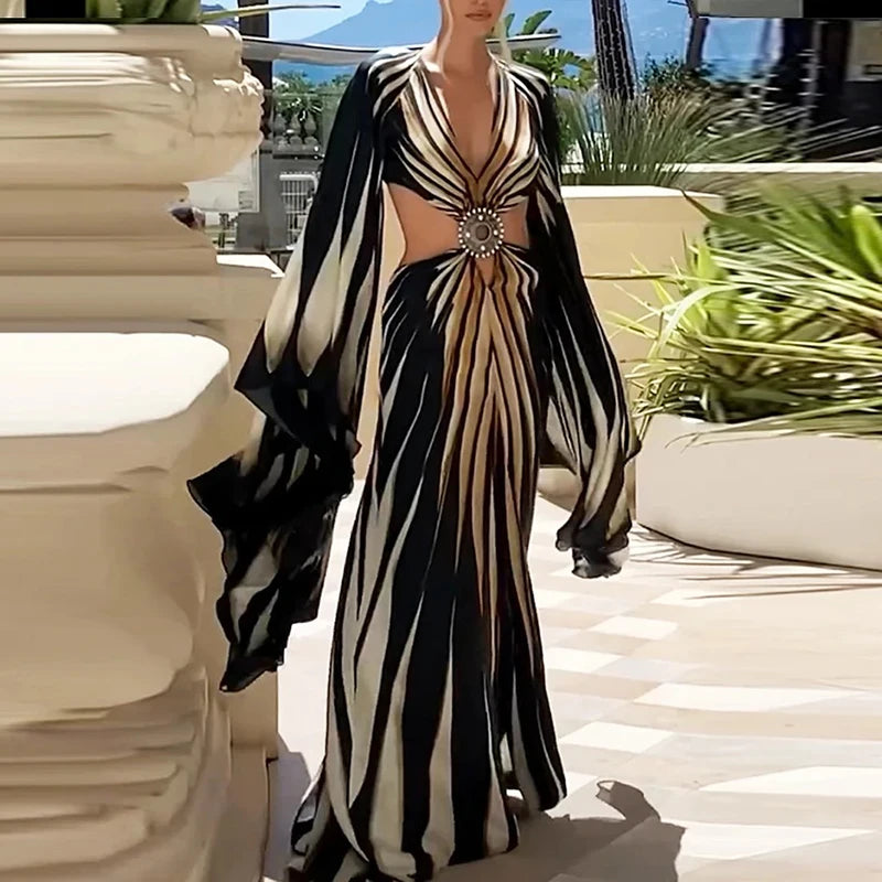 Striped Backless Split Maxi Dress