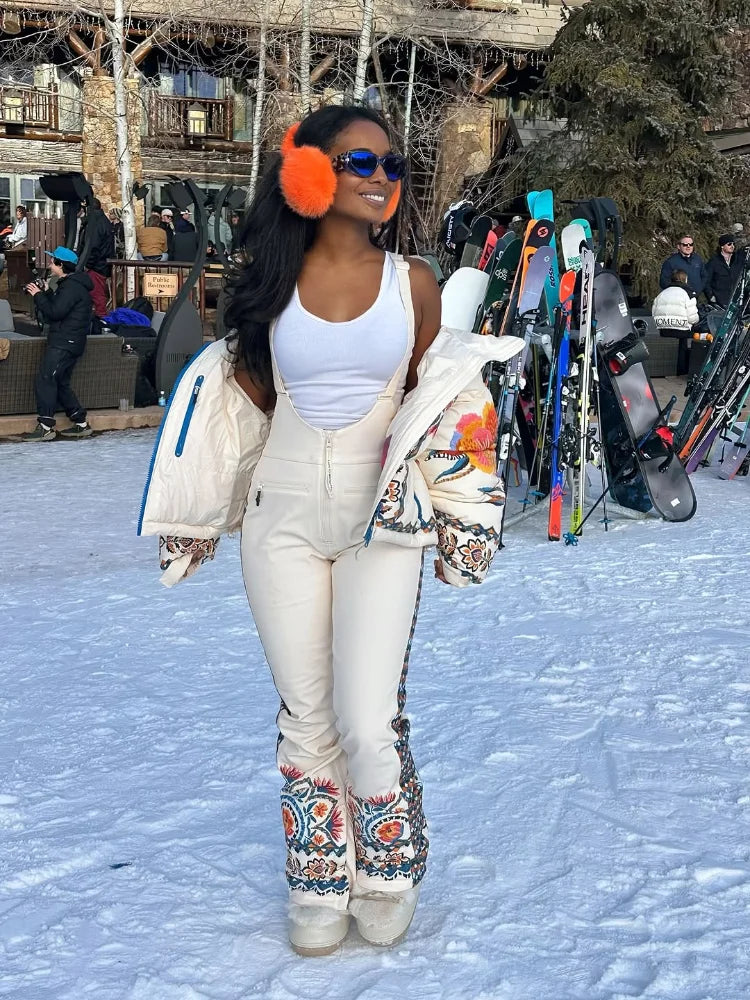 Printed Hooded Ski Jacket And Wide Leg Pants Set for Women