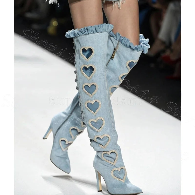 Chunky Heel Pointy Toe Denim Boots With Side Zipper For Women