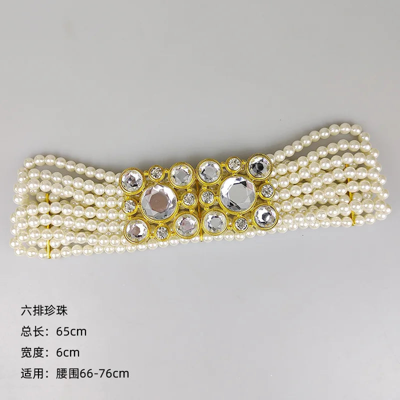 Pearl Embellished Elastic Waist Chain Belt for Women