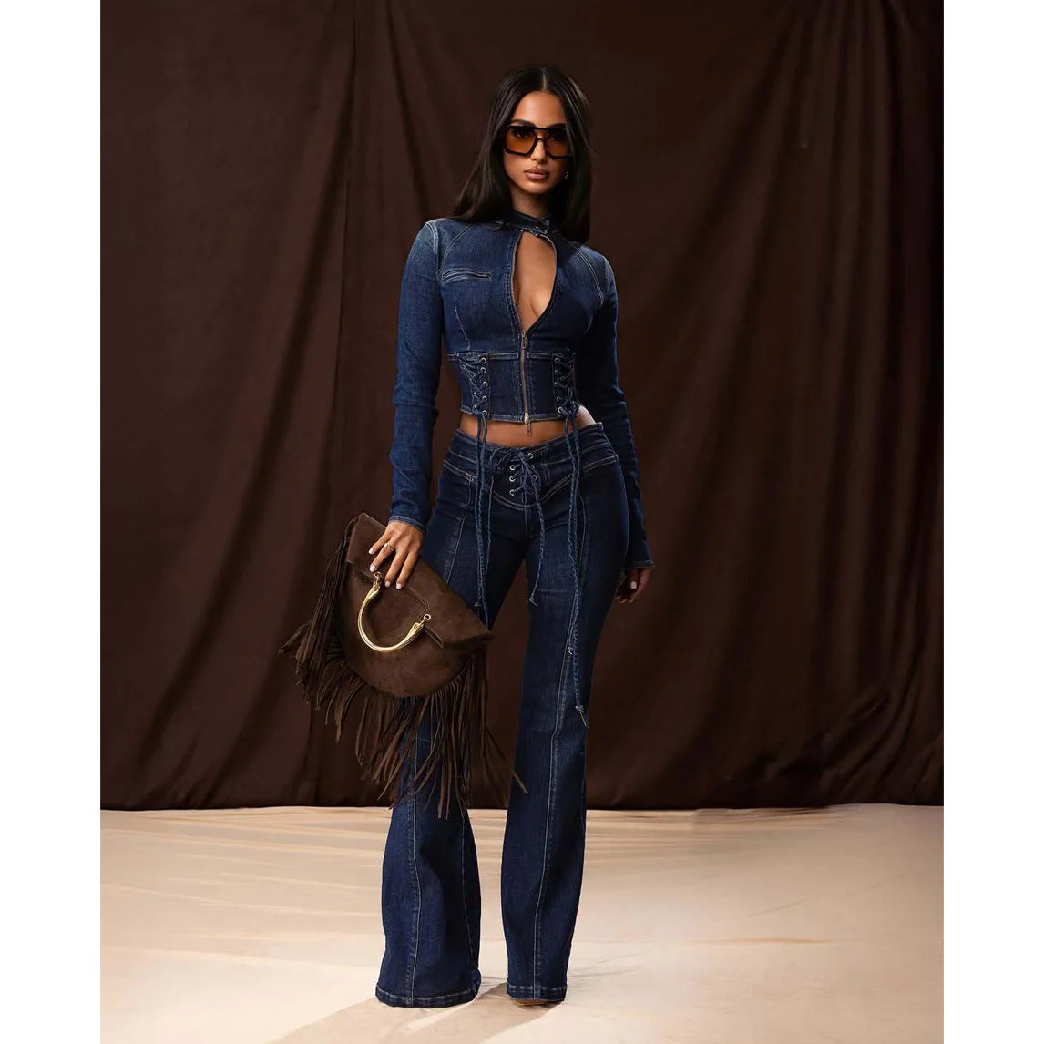 Stylish Cropped Denim Jacket And Pants Set for Women