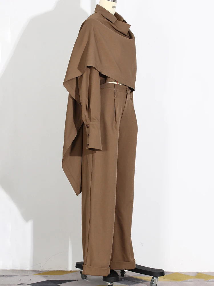 Caramel Shirt and Wide Leg Pants Two Piece Set for Women
