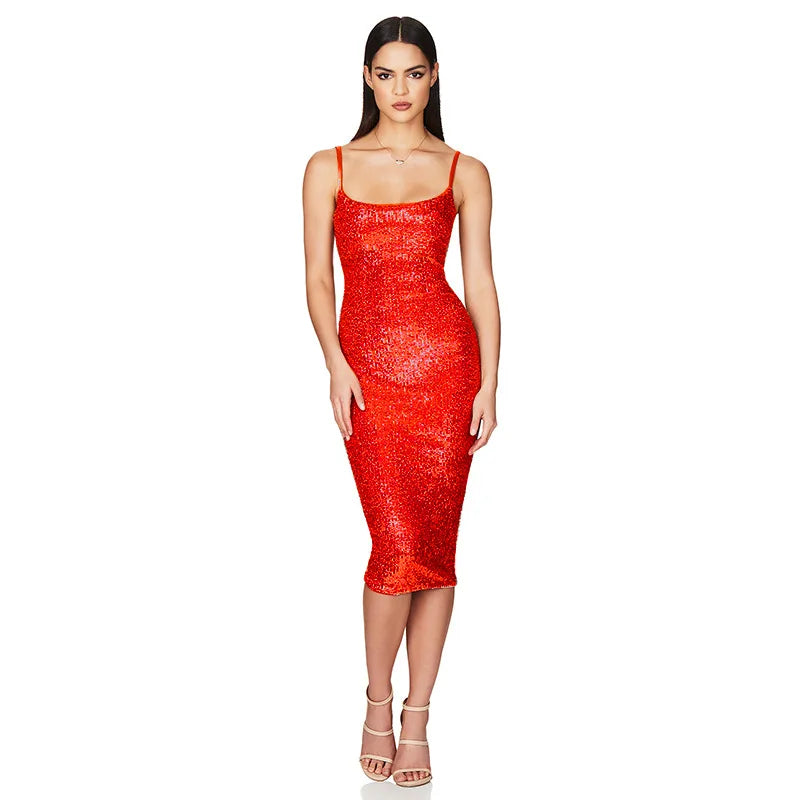 Glitter Sequin Spaghetti Strap Square Neck Bodycon Midi Dress for Women