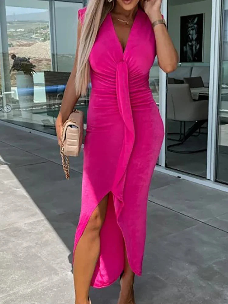 Office Lady Loungewear Deep V-Neck Maxi Dress Women Summer Sleeveless Solid Slim Fit Folds Party Dress Streetwear Dropshipping