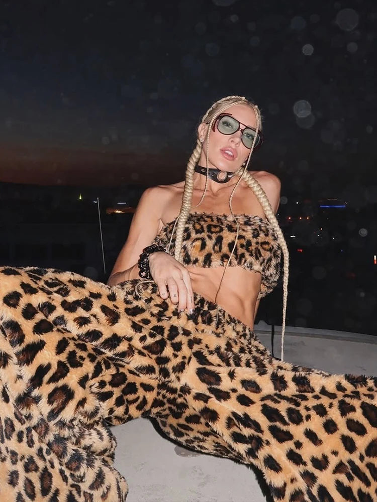 Leopard Print Furry Streetwear Two Piece Set for Women