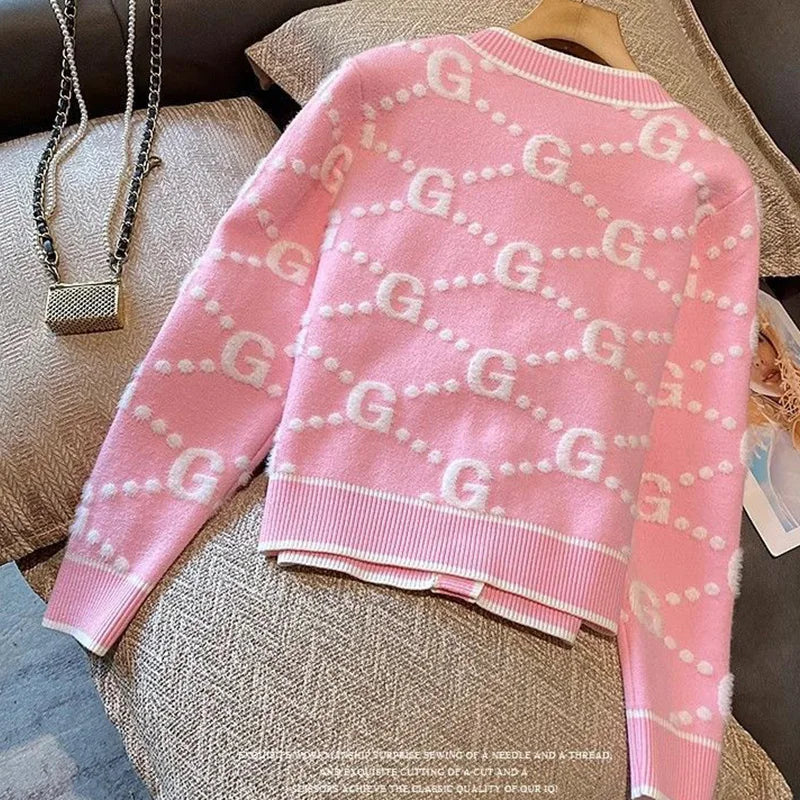 Autumn Winter Sweet Buttons O-neck Sweater Femme Fashion Letter Patchwork Knitting Cardigan Fashionable Coat Top Tee Women's