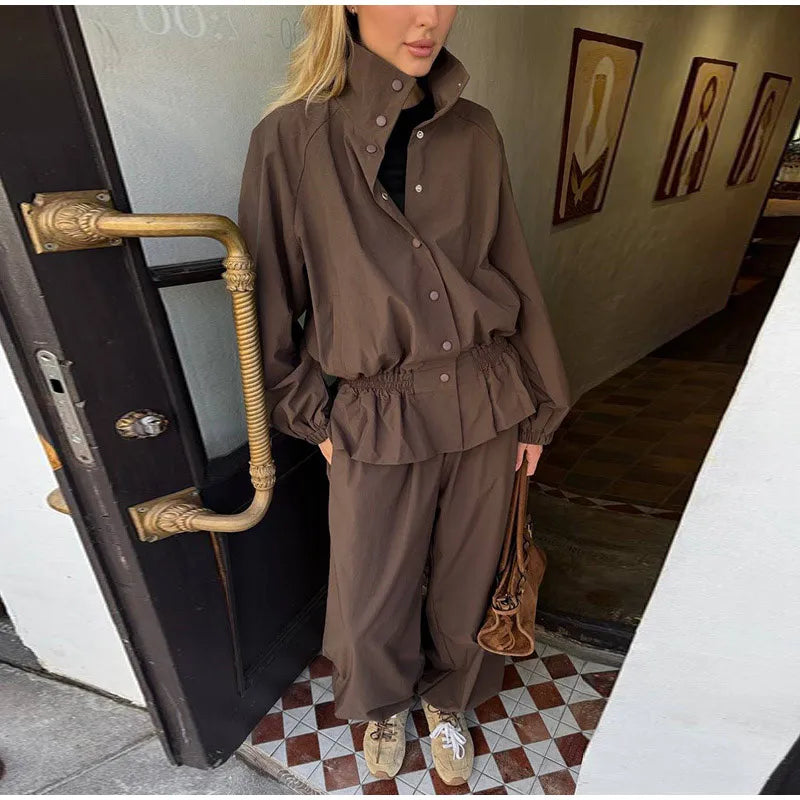 Ruffle Hem Jacket and Jogger Pants Two Piece Set for Women
