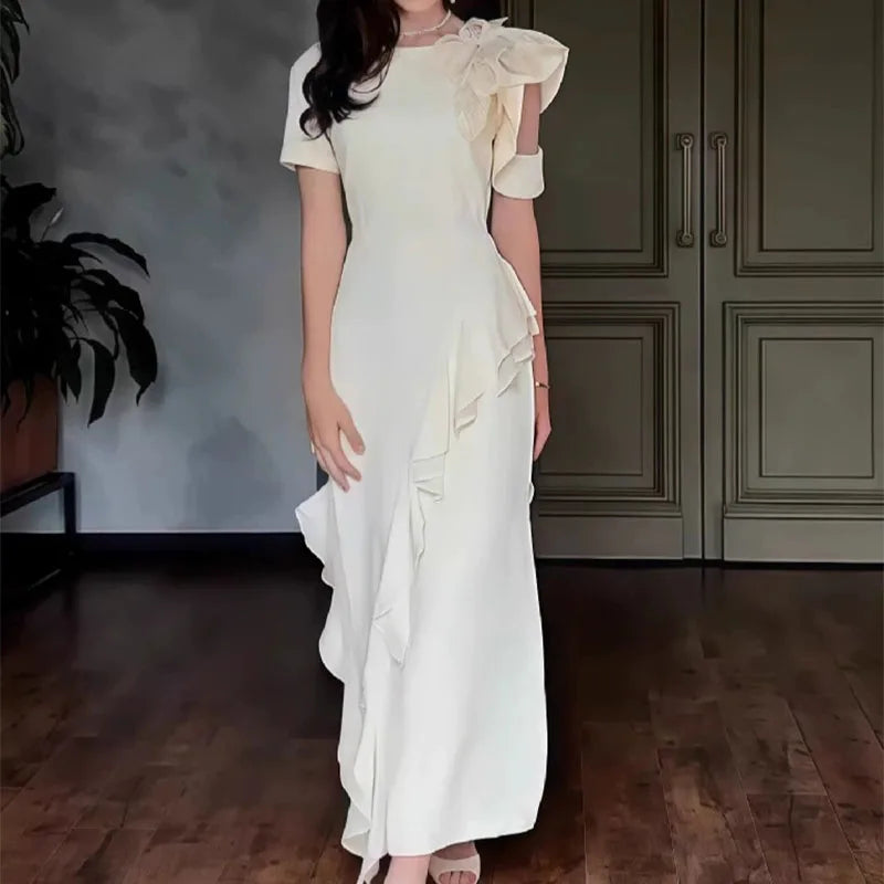 Fashion Flower Patchwork Lotus Leaf Edge Long Dress Casual Summer Banquet Dresses Ladies Temperament O-neck Short Sleeved Dress