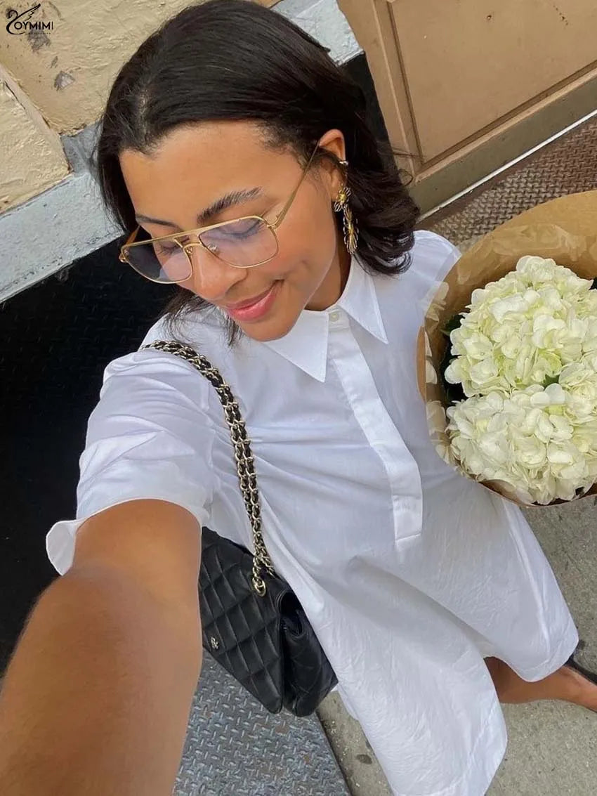 Oymimi Elegant White Cotton Dresses 2025 Woman Fashion Turn-Down Collar Half Sleeve Button Dress Casual Loose Mini Dress Female