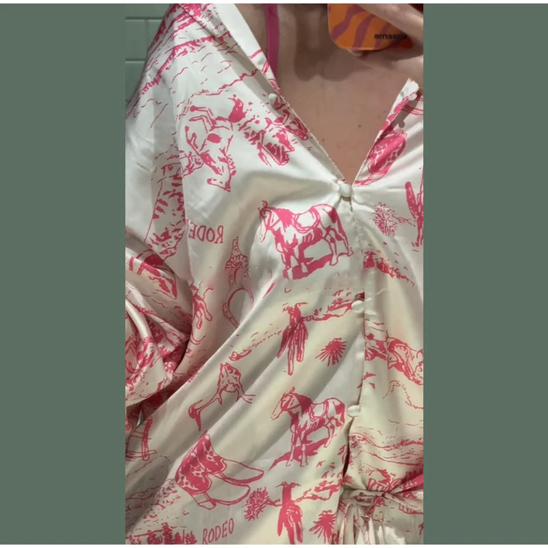 Casual Print Blouse and Wide Leg Pants Set for Women