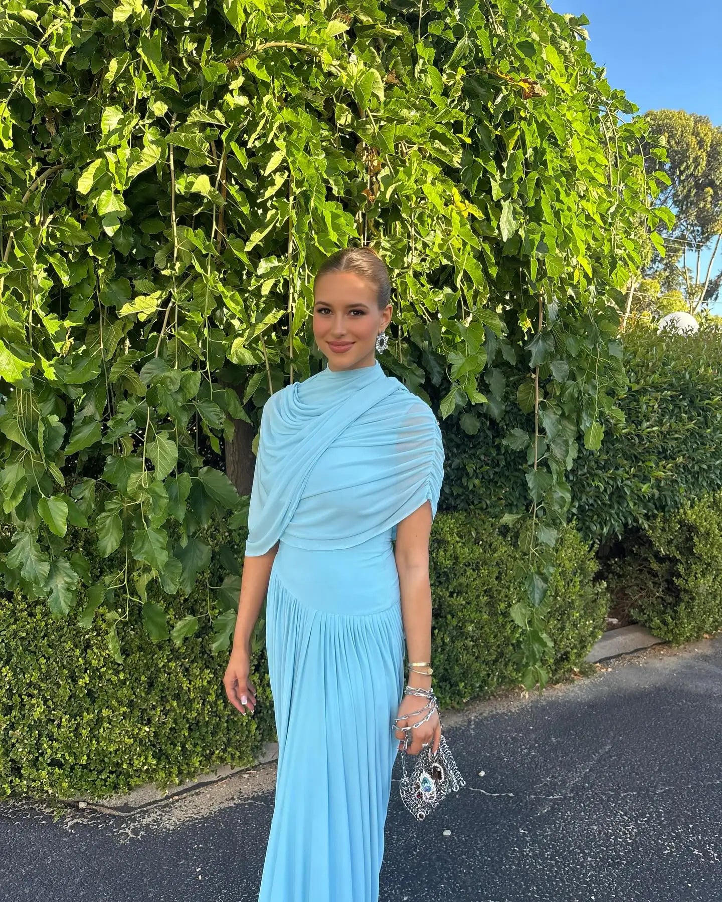 Blue Pleated Shawl Maxi Dress Women Elegant Short Sleeve Slim Fit Evening Party Robe 2025 Autumn Summer Chic Solid New Vestidos