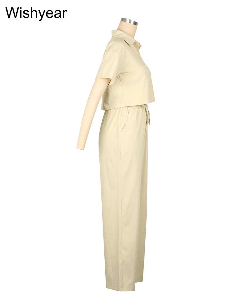 Casual Sports Linen Outfits Women's Short Sleeve Shirt and Wide Leg Pants Autumn 2 Piece Set Streetwear Office Fashion Tracksuit