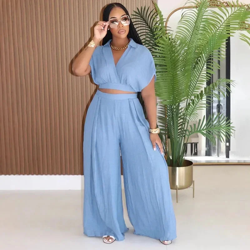Relaxed Casual Crop Top And Wide Leg Pants Set for Women