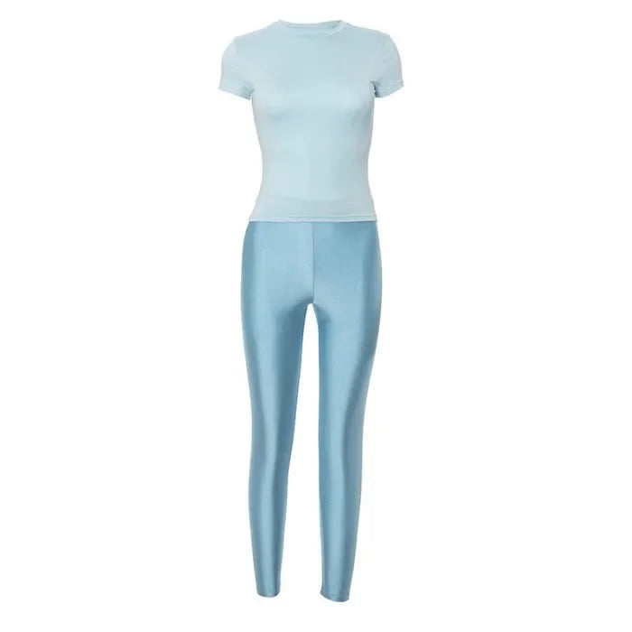 Two Piece Set for Woman Streetwear Solid Round Neck Short Sleeved T-shirt Top and Tight Pants Suit Spring and Summer 2025 New