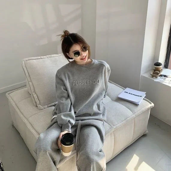 Thick Tracksuit Women Two Pieces Set Sweatshirts Pullover Hoodies Pockets Pants Suit Trousers Sports Matching Sets Autumn Spring