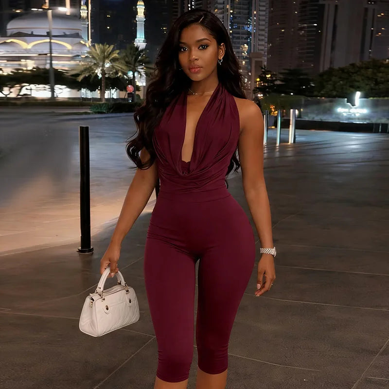 Ruched Halter Neck Lace-Up Capri Jumpsuit for Women