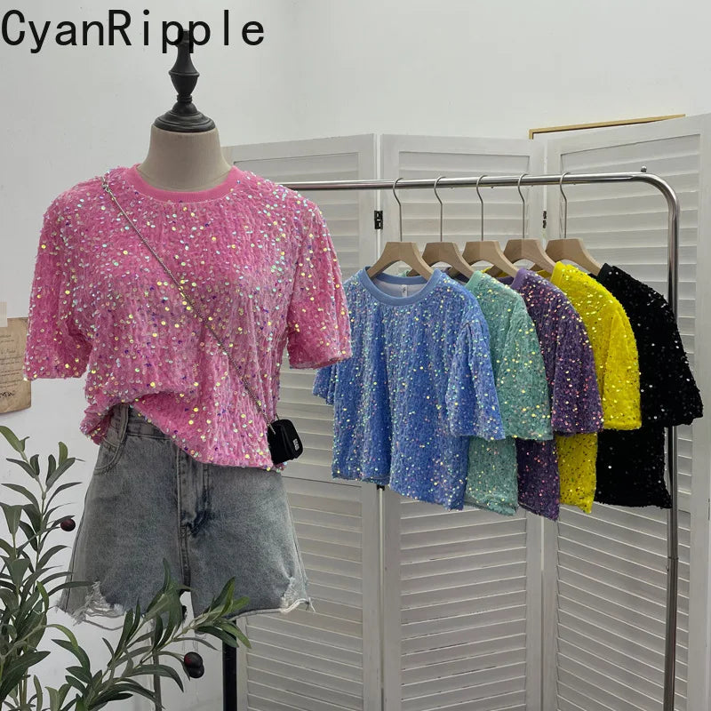 Spicy Girl Pink Sequins Short Sleeve T-shirt Round Neck Slimming Crop Top Blingbling Sexy Nightclub Multi Color Casual Tees