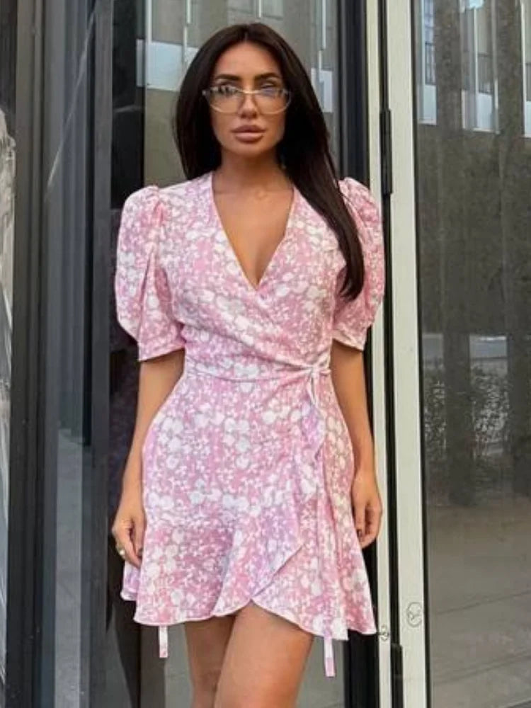 Floral Printed Lace Up Puff Sleeve Mini Dress for Women