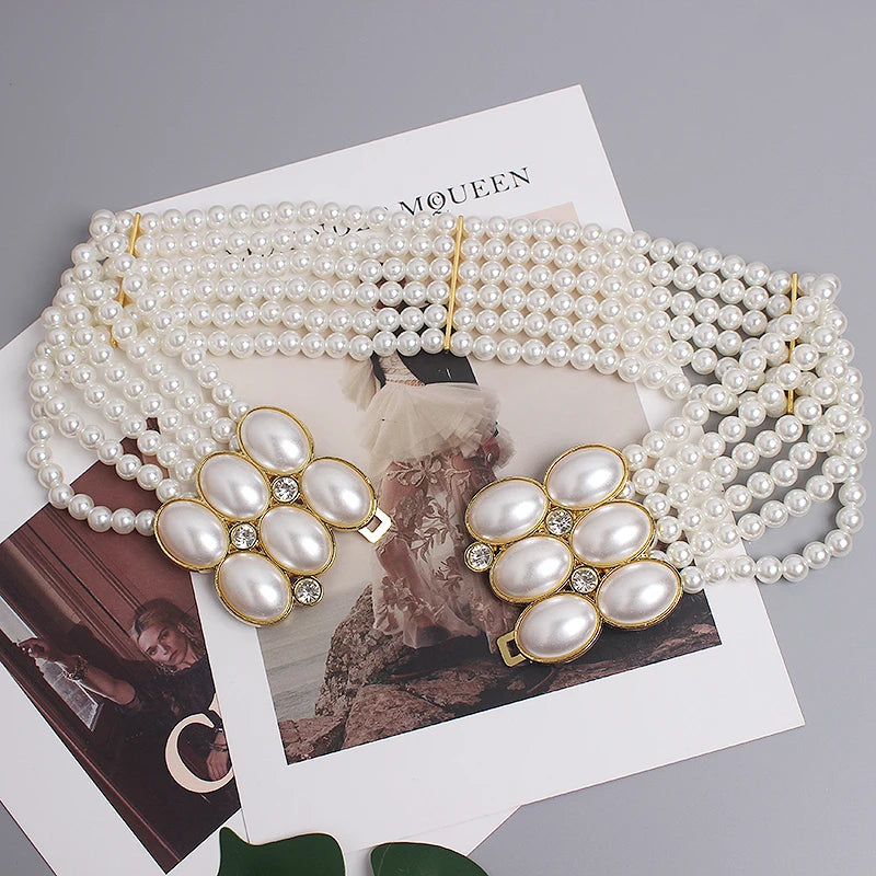 Pearl Embellished Elastic Waist Chain Belt for Women