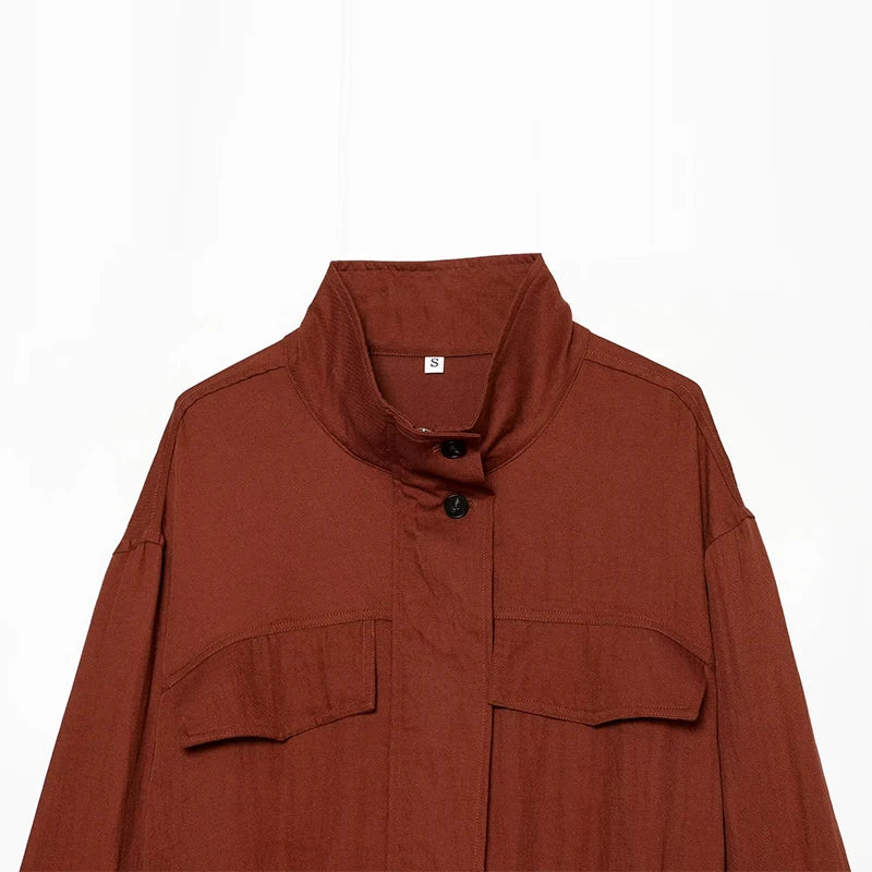 Casual Solid Loose Jacket Stand Collar With Big Pockets for Women
