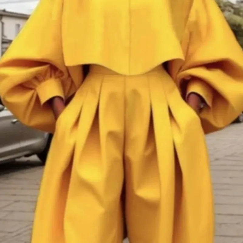 Beautyblue Elegant Women's Coats&Pants Yellow Pant Sets New Casual Buttoned Pleated Lapel Blazer Blouses Pockets Trousers Female
