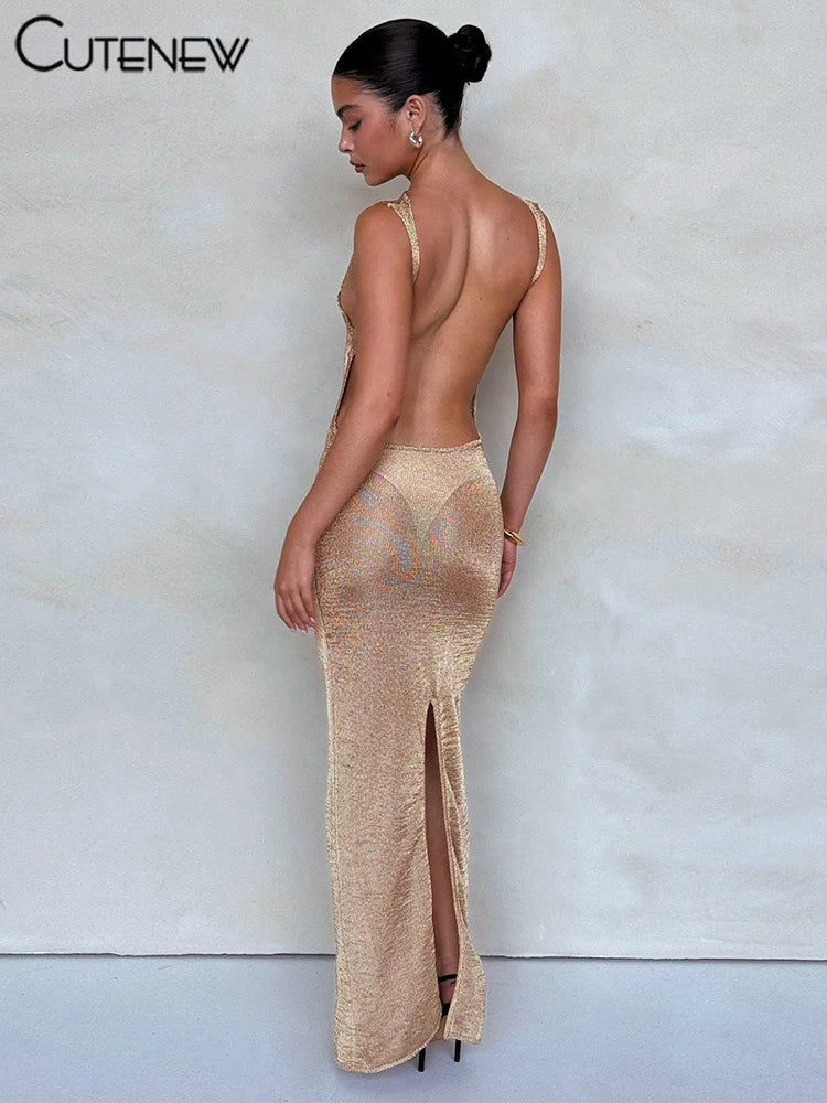 Beach Ready Backless Shiny Body-Shaping Maxi Dress for Women