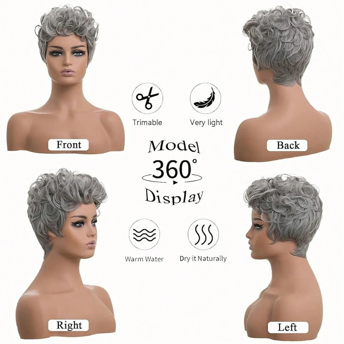 Silky Soft Natural Grey Short Curly Pixie Wig for Women