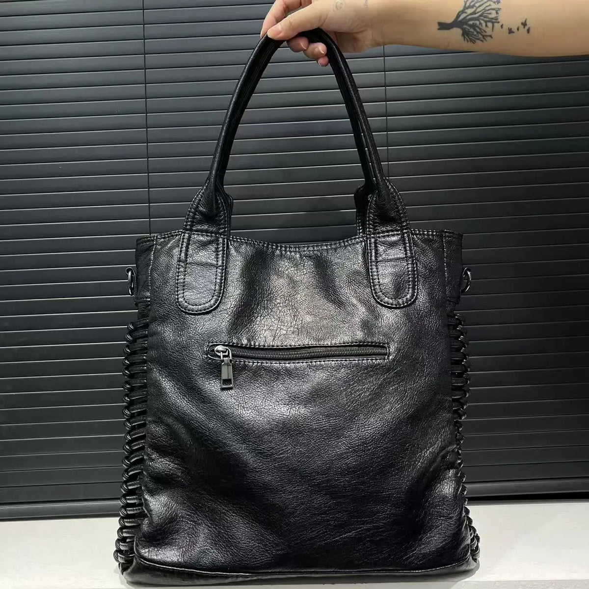 Distressed Vegan Leather Shoulder Tote Bag for Women