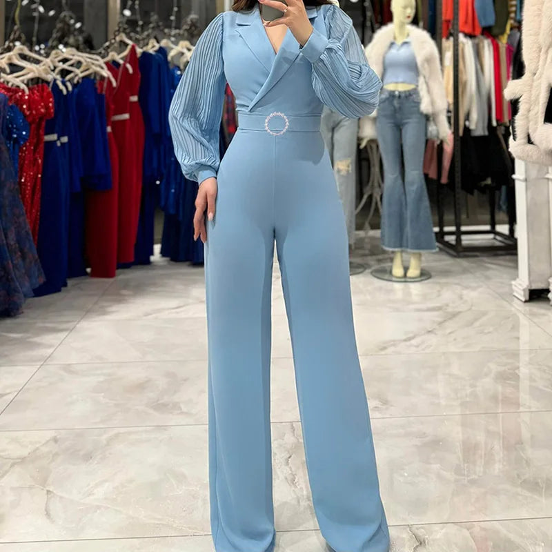 Long Sleeve V Neck Wide Leg Jumpsuit for Women