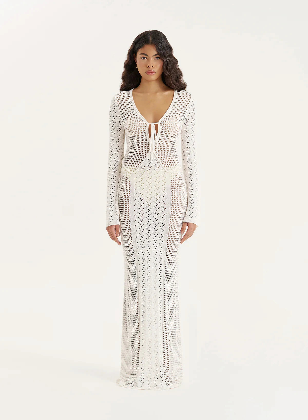 Women Sexy White Knit Swimsuit Cover Up Deep V-neck Tie Hollow Out Long Sleeve Beach Maxi Dress 2025 Summer Holiday Outfit K186