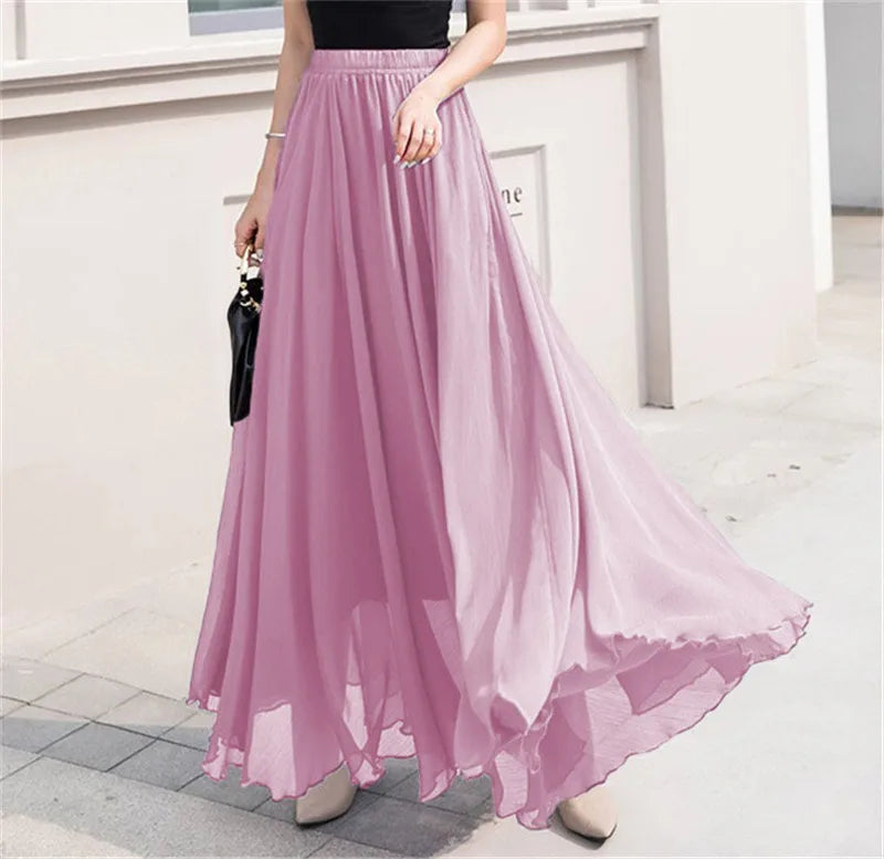 Elegant Solid Color Chiffon A-Line Skirt with High Waist for Women