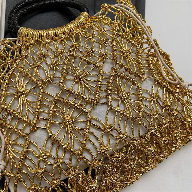 Eco Friendly Woven Round Handle Hollow Out Craft Paper Handbag for Women