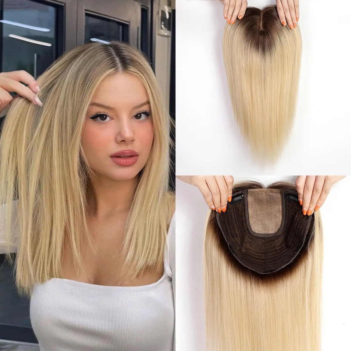 Clip In Light Blonde Dark Root Straight Hair Topper For Women