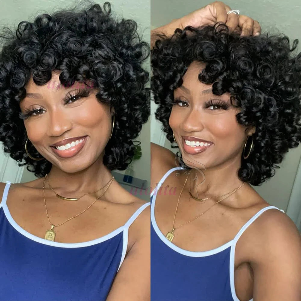 Bouncy Curly Pixie Bob Human Hair Wig With Bangs for Women
