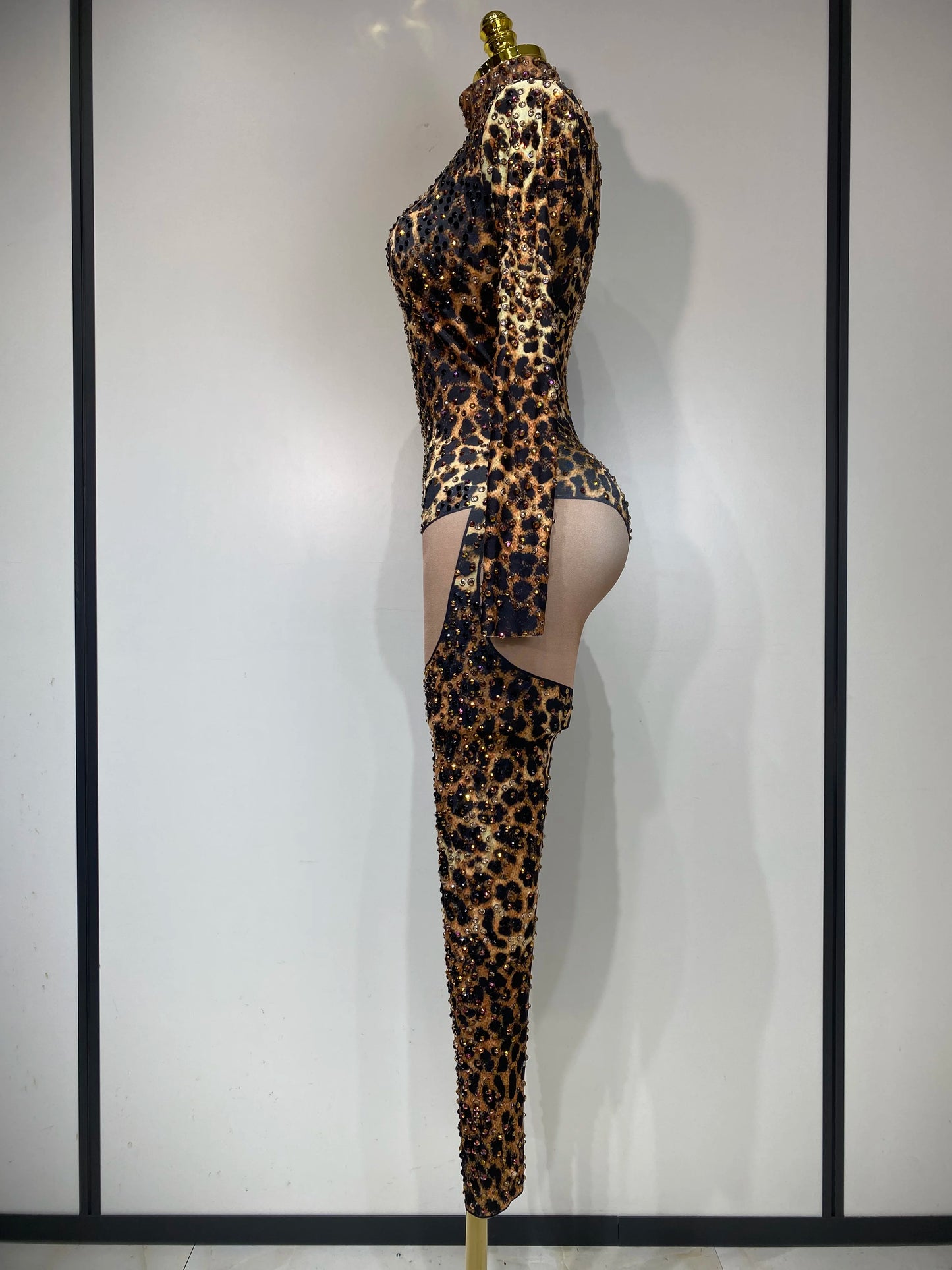Women 2025 Stretch Leopard Print Sexy Bodycon Jumpsuit Bar Nightclub Singer Dancer Luxury Diamond Stage Performance Outfit