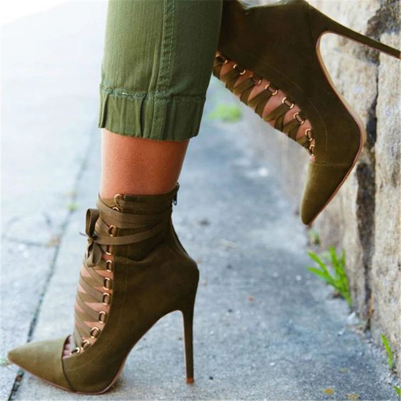 Flock Lace Up High Heel Pointed Toe Ankle Sandals For Women