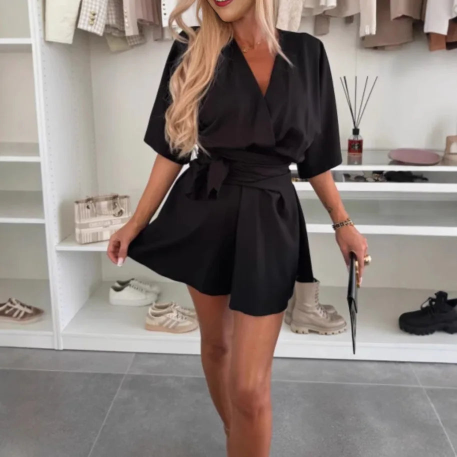 Loose Puff Sleeve Casual Romper With V Neck for Women