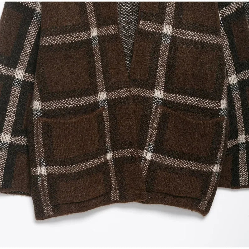 Plaid V-Neck Knit Cardigan With Double Pockets For Women