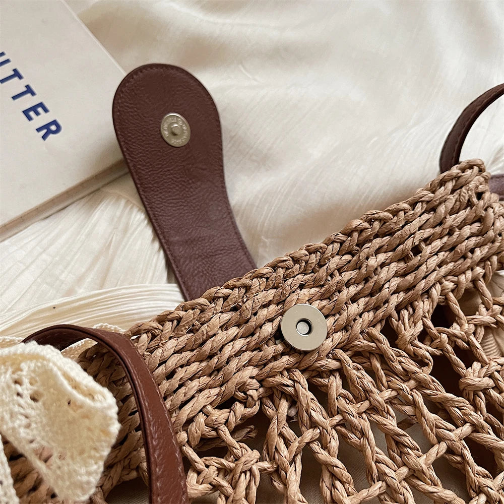 Straw Knitted Shoulder Bag With Bowknot Handmade for Women