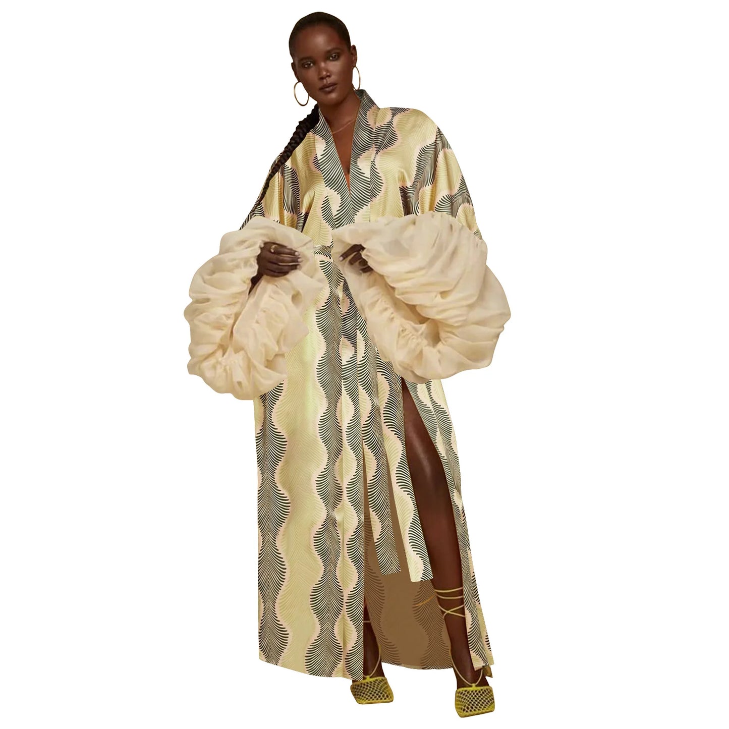 Vintage Floral Printed Chiffon Long Cardigan With Ruffle Sleeves for Women