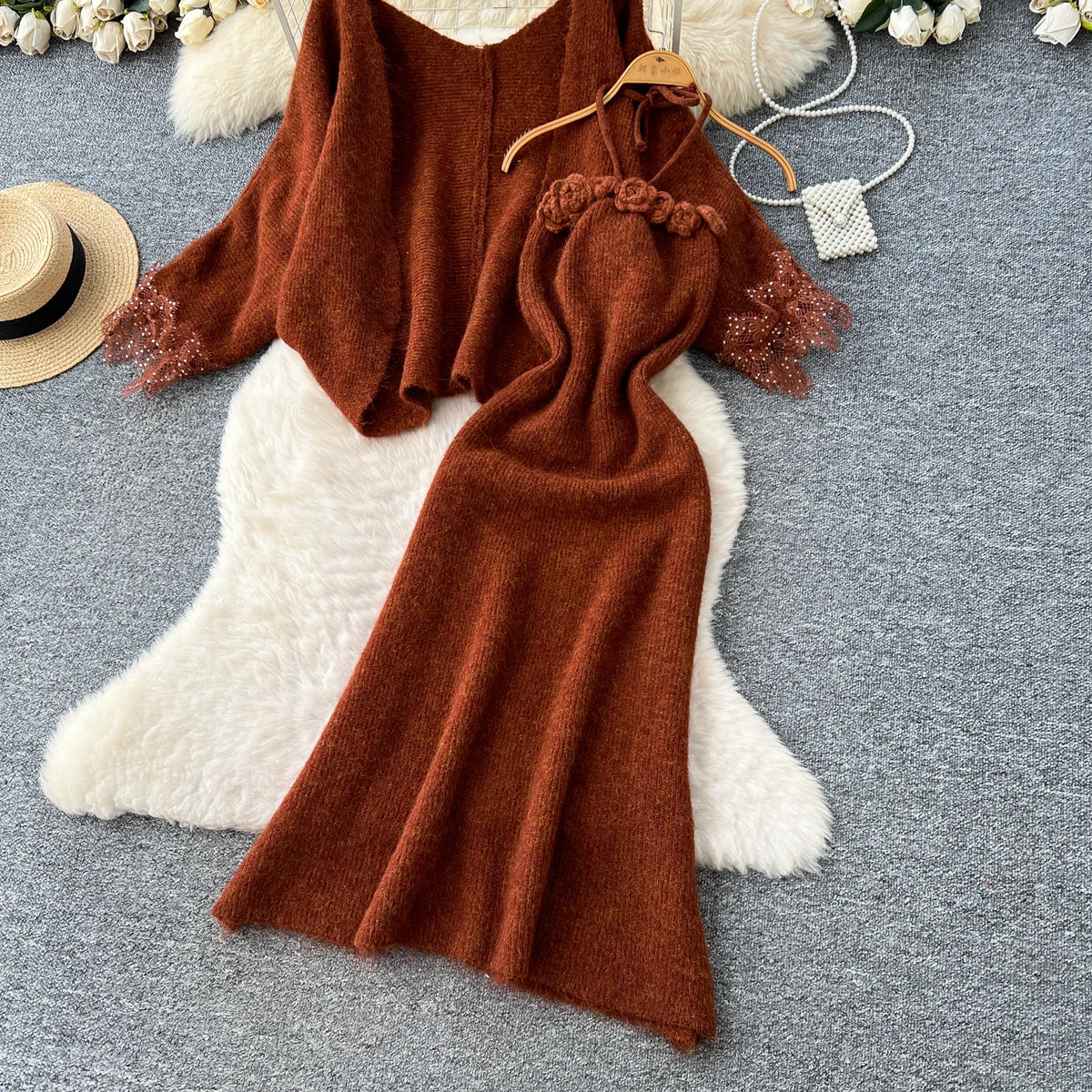Lace Trim Knit Cardigan and Floral Halter Dress Set for Women