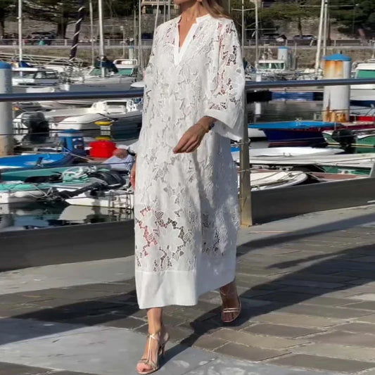 Summer Women White Lace Hollow Evening Dress Elegant V Neck Contrast Patchwork Mesh Women Long Sleeve Party lace Dress 2 piec