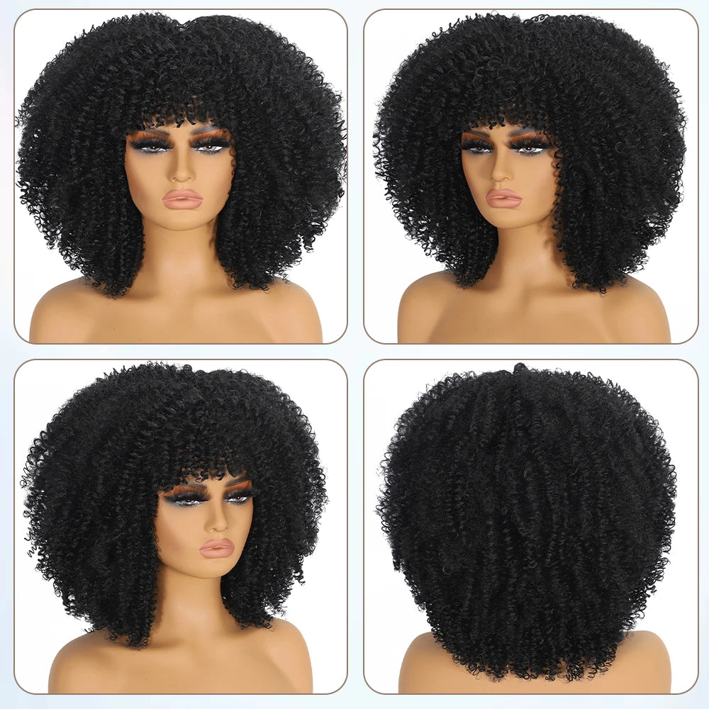 Soft Short Fluffy Afro Curly Wig With Bangs For Women