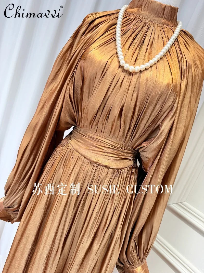 French Retro Palace Stand Collar Pleated Waist Tie Lantern Sleeves Large Swing Long Dress High Waist Elegant Vacation Dress