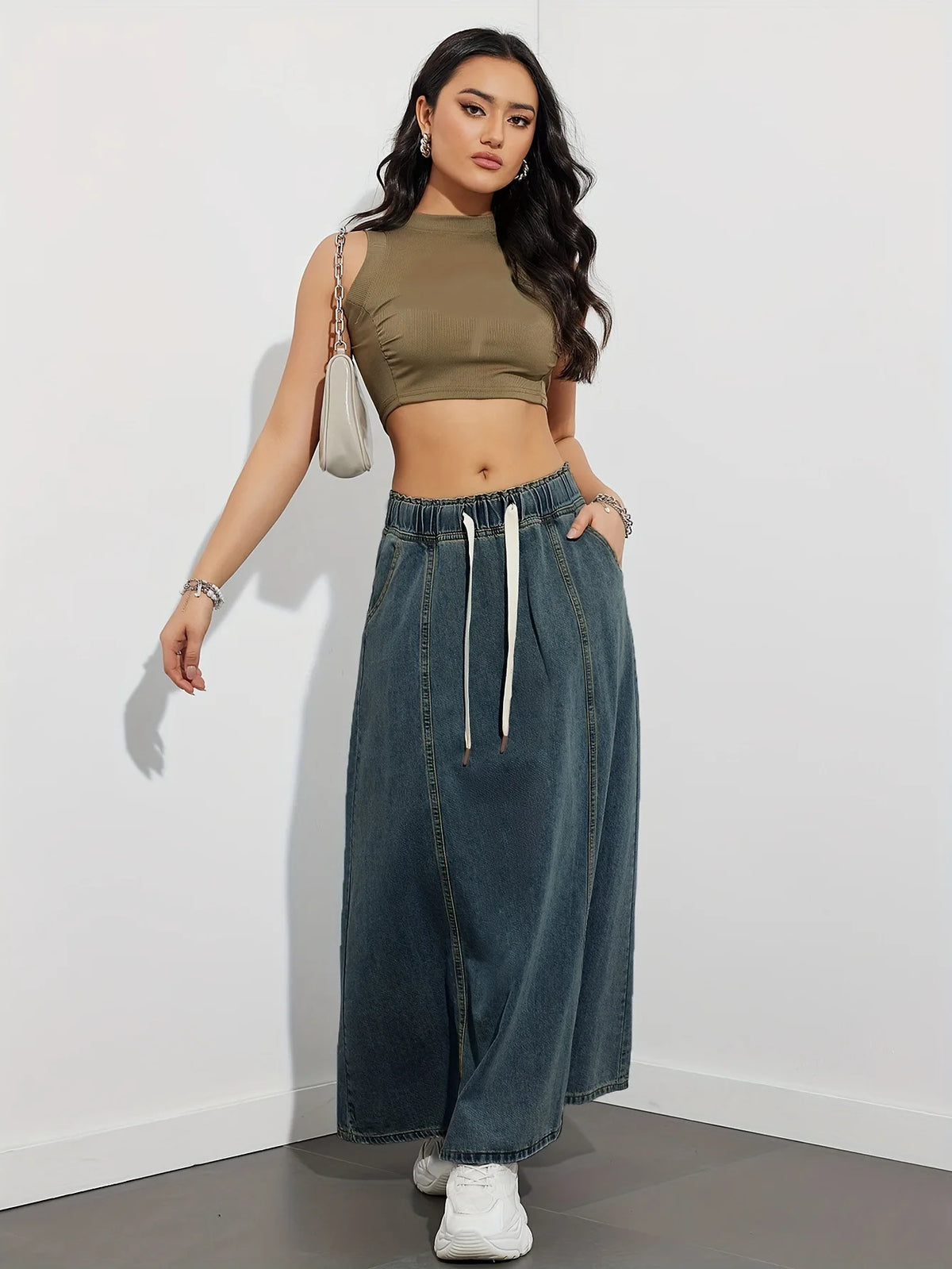 Elastic Waist Lace Up Loose Casual Denim Maxi Skirt for Women