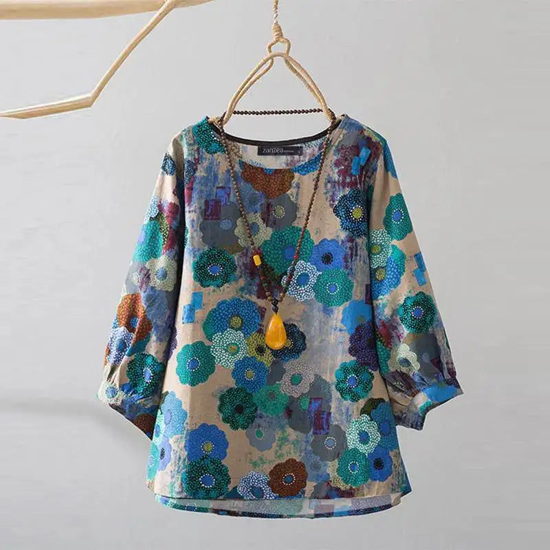 ZANZEA Women Long Sleeve Blouse 2024 Autumn Retro Floral Print Shirts Vintage Office Lady Cotton Chemise Holiday Round Neck Tops