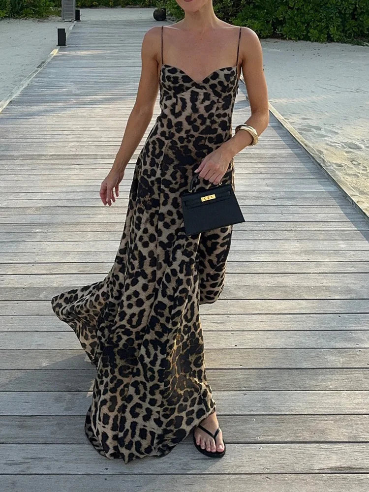 Summer Women Leopard Patchwork Chic Party Dress, Casual Sleeveless Simple Fashion Maxi Dress, 2025 Backless Elegant Ladies Dress