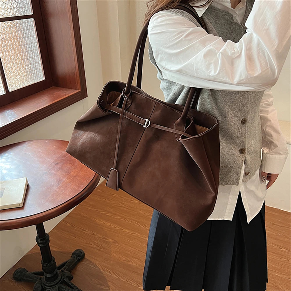 Luxurious Faux Suede Pure Color Retro Shoulder Tote Bag for Women
