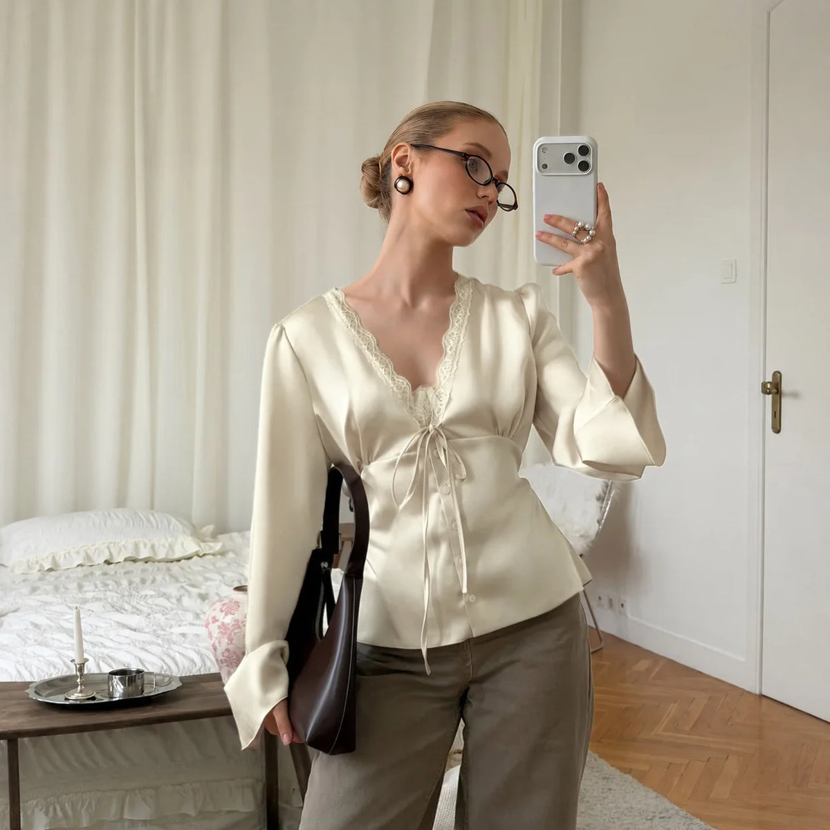 Lace-Up Satin Patchwork V-Neck Vest Top for Women**