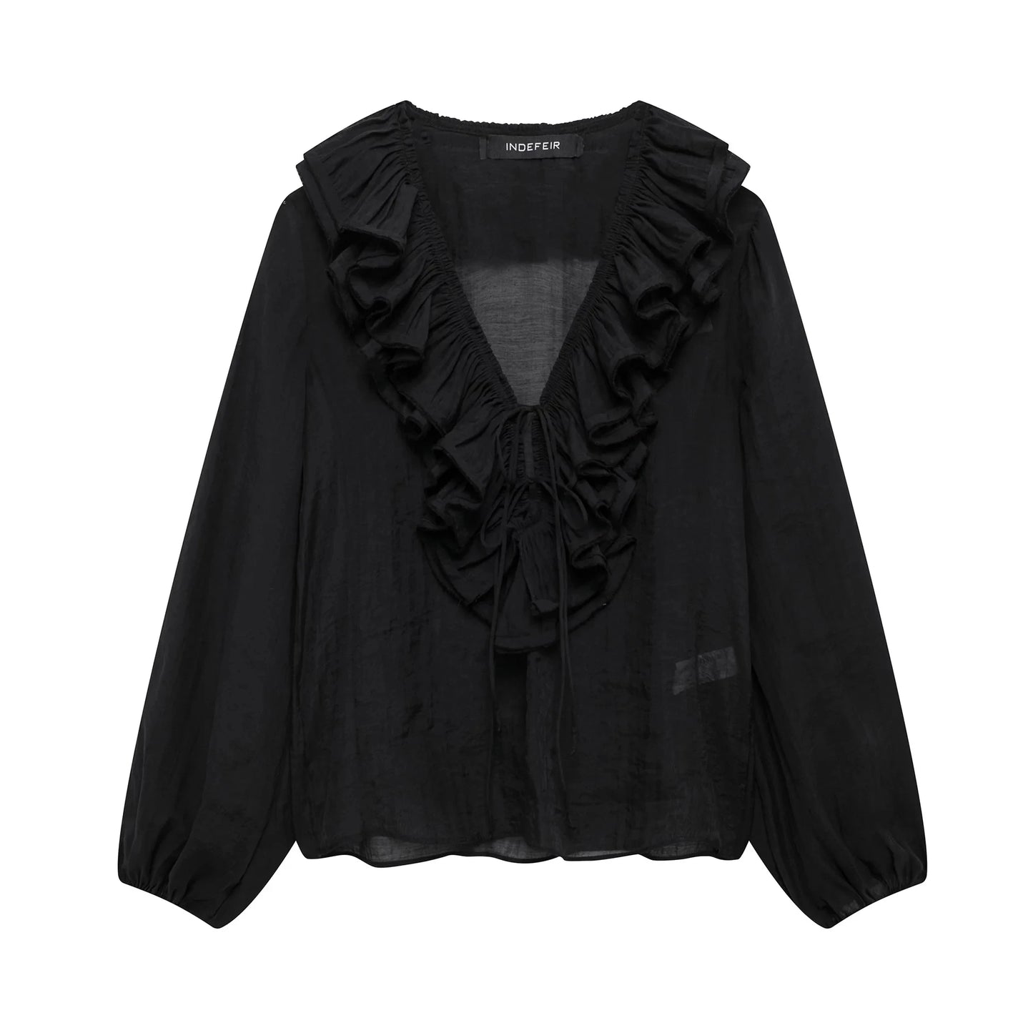 Elegant Retro V Neck Ruffle Trim Long Sleeve Top for Women